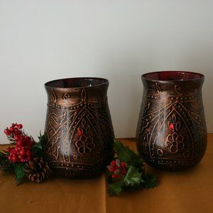 Pair of UNICEF Bronze Painted Hurricane Candle Holders B-220